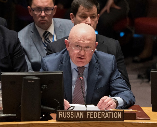 russian ambassador to the un vassily nebenzia speaks during the united nations security council meeting on threats to international peace and security and the situation in the middle east april 9 2018 in new york the un security council opened an emergency session on monday following an alleged chemical weapons attack in syria that killed dozens and triggered calls for a response the united states france britain and six other countries requested the urgent meeting after toxic gas was allegedly used in the rebel held town of douma photo reuters