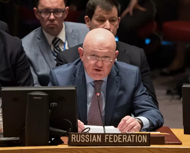 russian ambassador to the un vassily nebenzia speaks during the united nations security council meeting on threats to international peace and security and the situation in the middle east april 9 2018 in new york the un security council opened an emergency session on monday following an alleged chemical weapons attack in syria that killed dozens and triggered calls for a response the united states france britain and six other countries requested the urgent meeting after toxic gas was allegedly used in the rebel held town of douma photo reuters russian ambassador to the un vassily nebenzia speaks during the united nations security council meeting on threats to international peace and security and the situation in the middle east april 9 2018 in new york the un security council opened an emergency session on monday following an alleged chemical weapons attack in syria that killed dozens and triggered calls for a response the united states france britain and six other countries requested the urgent meeting after toxic gas was allegedly used in the rebel held town of douma photo reuters