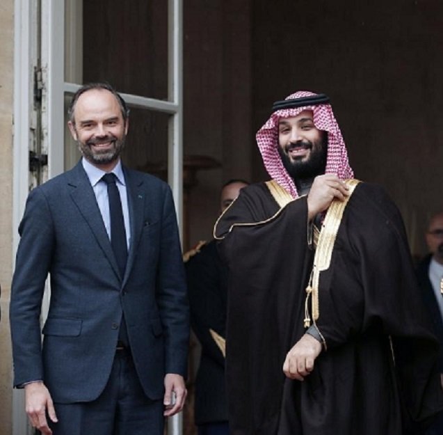 french prime minister edouard philippe welcomes saudi crown prince mohammed bin salman as he arrives at the hotel matignon in paris on monday photo reuters