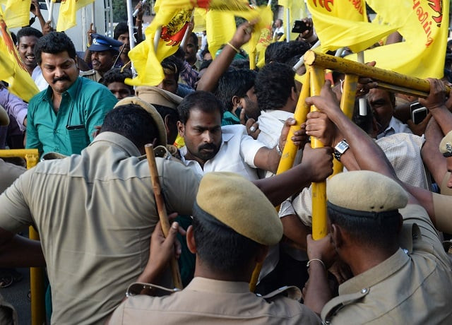 indian members of the tamil ethnic group try to enter the ma chidhambram cricket stadium during a protest against the indian premier league ipl amid ongoing protests over water rights in chennai on april 10 2018 photo afp indian members of the tamil ethnic group try to enter the ma chidhambram cricket stadium during a protest against the indian premier league ipl amid ongoing protests over water rights in chennai on april 10 2018 photo afp