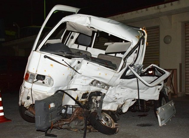 a 61 year old japanese driver was killed in the collision with a truck driven by a us marine while driving under the influence of alcohol in november 2017 photo shows the japanese driver s damaged vehicle in naha okinawa photo kyodo