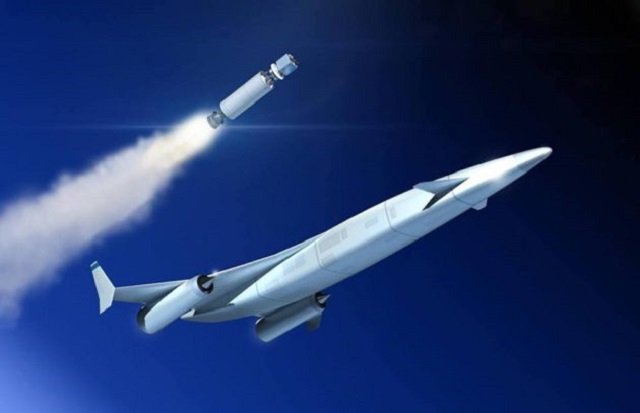 an artist s conception shows a space plane powered by reaction engines sabre system deploying an upper stage with a payload heading to orbit photo news site