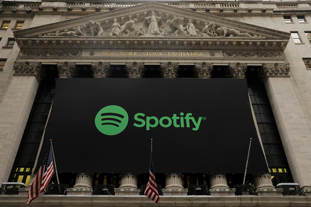 the spotify logo hangs on the facade of the new york stock exchange in new york us april 3 2018 photo reuters