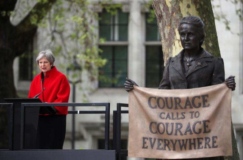 britain 039 s prime minister theresa may speaks at the unveiling of the statue of suffragist millicent fawcett on parliament square in london britain april 24 2018 photo reuters