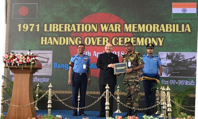 indian high commissioner to bangladesh harsh vardhan shringla handing over some of the memorabilia to bangladesh armed forces at air force station bashar photo courtesy unb