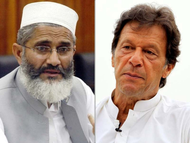 ji chief sirajul haq with pti chairman imran khan photo express ji chief sirajul haq with pti chairman imran khan photo express