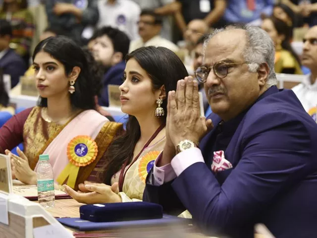 late sridevi 039 s husband boney kapoor and daughters janhvi kapoor and khushi kapoor seen during the 65th national film awards at vigyan bhawan raj k raj ht photo