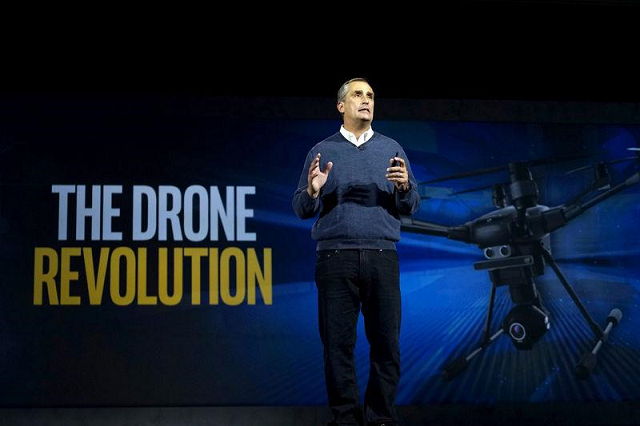 intel ceo brian krzanich talks about the new yuneec typhoon h drone which he said was the first consumer drone equipped with intel 039 s realsense sense and avoid technology during his keynote address at the consumer electronics show in las vegas us january 5 2016 photo reuters