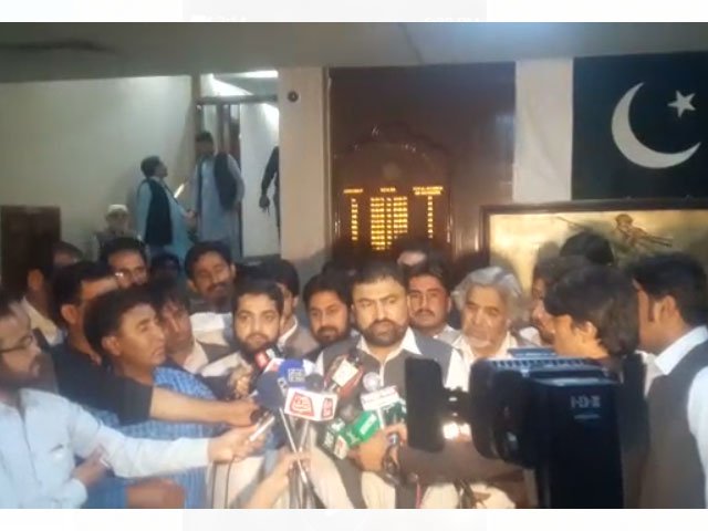 home minister sarfraz bugti talks to media following postponement of budget session in quetta on may 11 2018 photo express