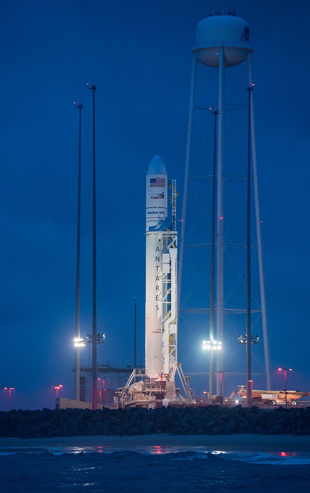 n this image released by nasa the orbital atk antares rocket with the cygnus spacecraft onboard is seen at launch pad 0a on may 20 2018 at wallops flight facility in virginia photo afp