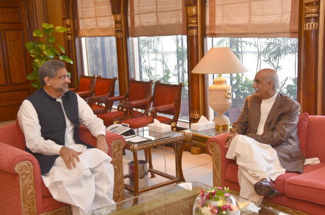 pm abbasi meets khurshid shah at pm office photo express pm abbasi meets khurshid shah at pm office photo express