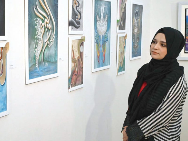 a visitor contemplates artworks highlighting mother nature amidst an environmental crisis displayed at the gallery 6 exhibition in pnca islamabad photo app