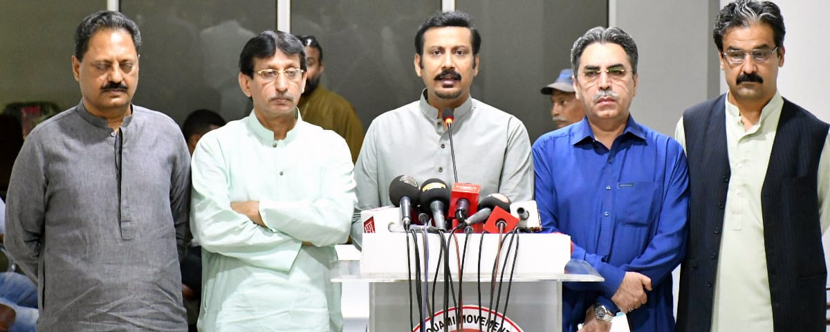 faisal sabzwari addressed a press conference on wednesday during which he demanded an apology from cm murad ali shah photo courtesy mqm pakistan