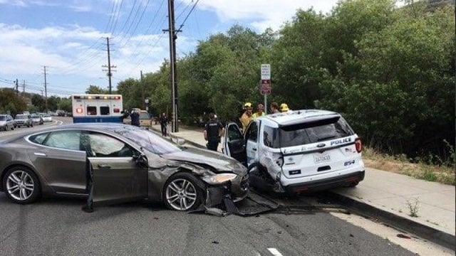 a tesla sedan is shown after it struck a parked laguna beach police department vehicle in laguna beach california us in this may 29 2018 photo reuters