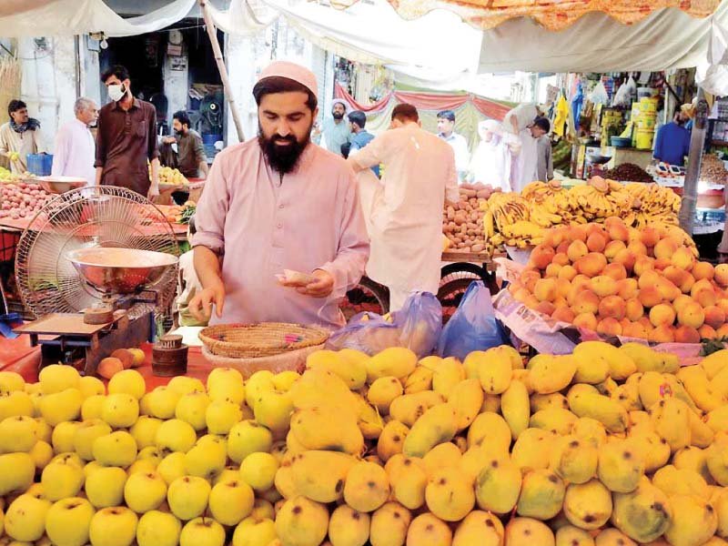 a vendor arranges mangoes on his pushcart photo nni