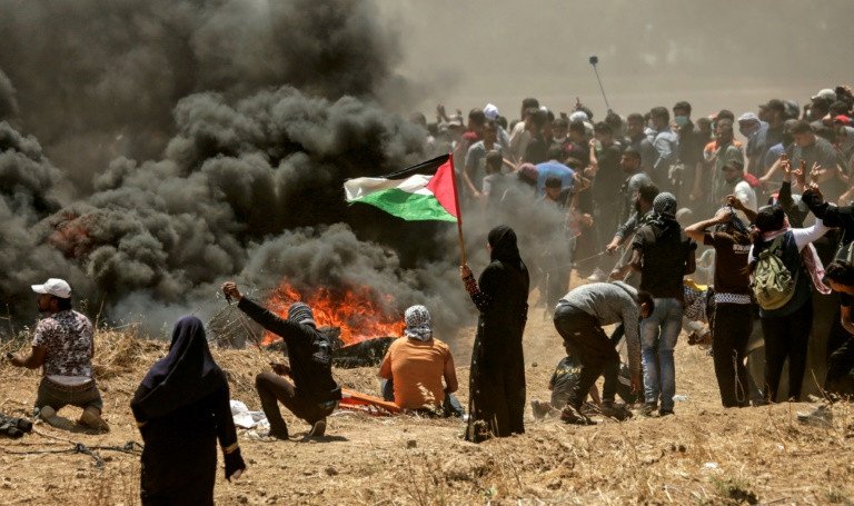 a woman holds the palestinian flag during the gaza border protests photo afp