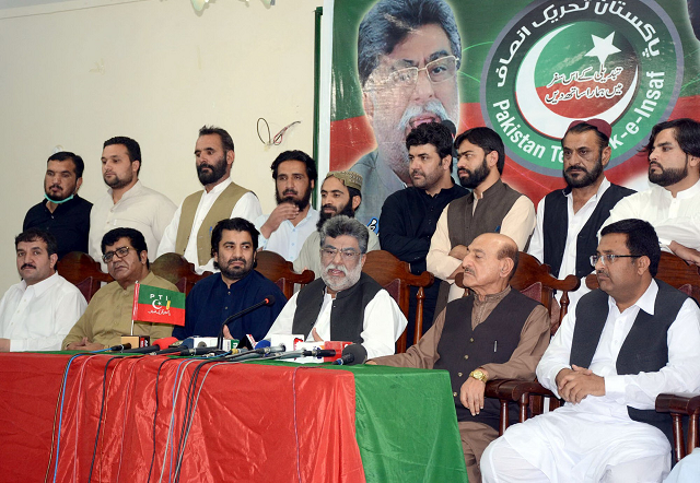 pti provincial president yar muhammad rind addressing a press conference after former provincial minister shahnawaz marri and others joined the party photo express