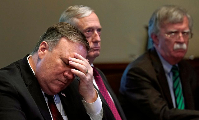 from left us secretary of state mike pompeo secretary of defense james mattis and national security adviser john bolton attend a meeting between us president donald trump and nato secretary general jens stoltenberg at the white house in washington photo reuters