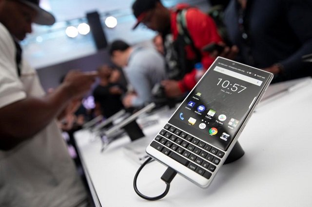 the new blackberry key2 smartphone is displayed at a product launch event for the device in manhattan in new york us june 7 2018 photo reuters