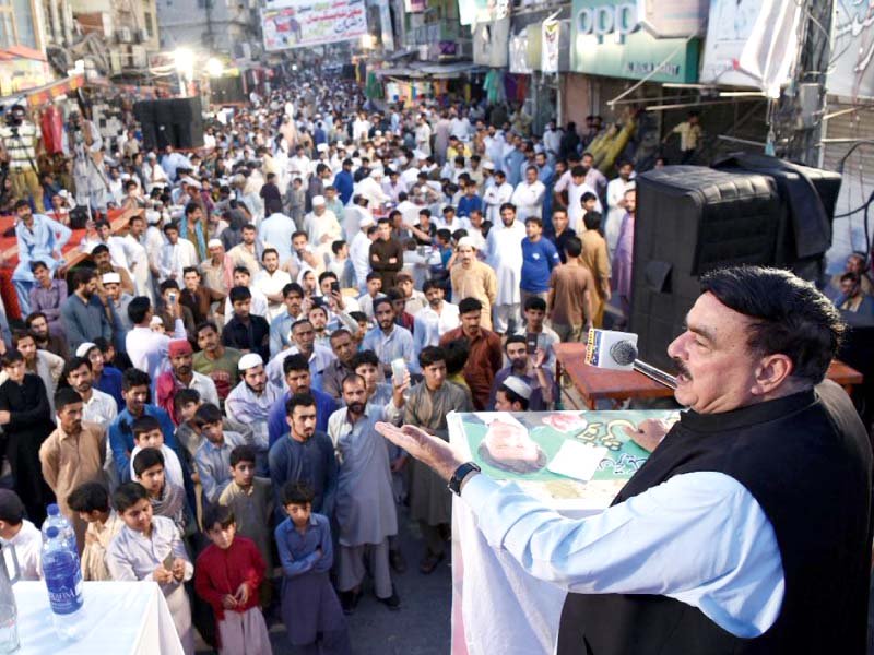 aml chief sheikh rasheed addresses a public gathering in na 60 constituency of rawalpindi photo express