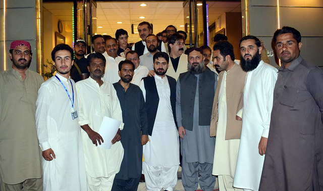 bap president jam kamal and manzoor kakar in a group photo with na 257 zhob division candidate ata muhammad mardanzai in quetta photo express