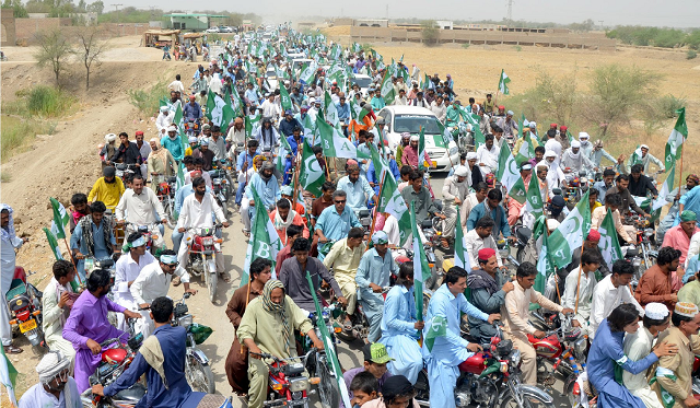 balochistan awami party leader faik ali khan jamali along with hundreds of supporters is on his way to submit nomination papers in dera allah yar photo express