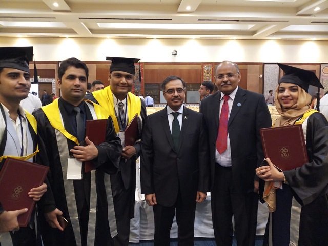 the five pakistani students completed their masters from sau in diverse disciplines including biotechnology computer science law and international relations photo courtesy pakistani high commission