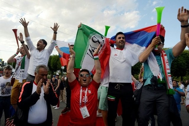 iran fans follow the game between russia and saudi arabia on a giant screen at the fifa fans fest in saint petersburg on june 14 2018 photo afp