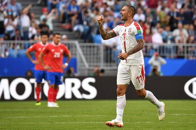 serbia 039 s defender aleksandar kolarov celebrates after scoring during the russia 2018 world cup group e football match between costa rica and serbia at the samara arena in samara on june 17 2018 photo afp