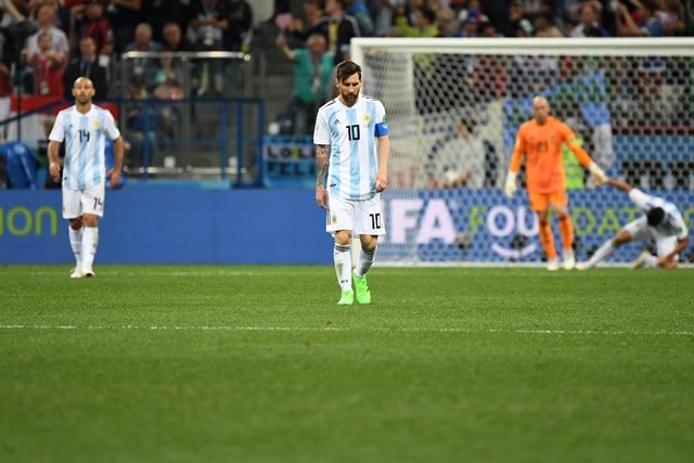 argentina 039 s forward lionel messi c reacts after croatia scored their third goal during their group d clash photo afp