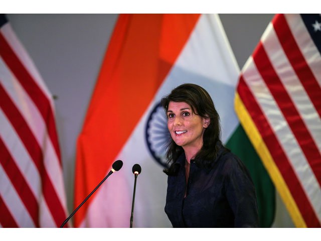 us ambassador to the united nations nikki haley speaks during an address on advancing india us relations at an event in new delhi on june 28 2018 photo afp