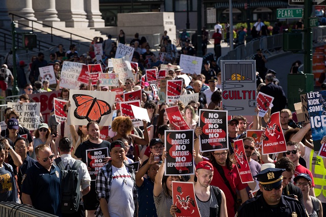 june 29 activists march and rally against immigration and customs enforcement ice and the trump administration 039 s immigration policies across the street from the ice offices at federal plaza june 29 2018 in new york city photo afp