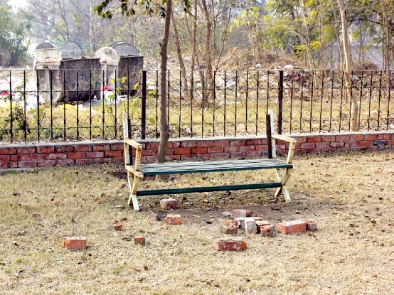 a derelict bench in a park photo file