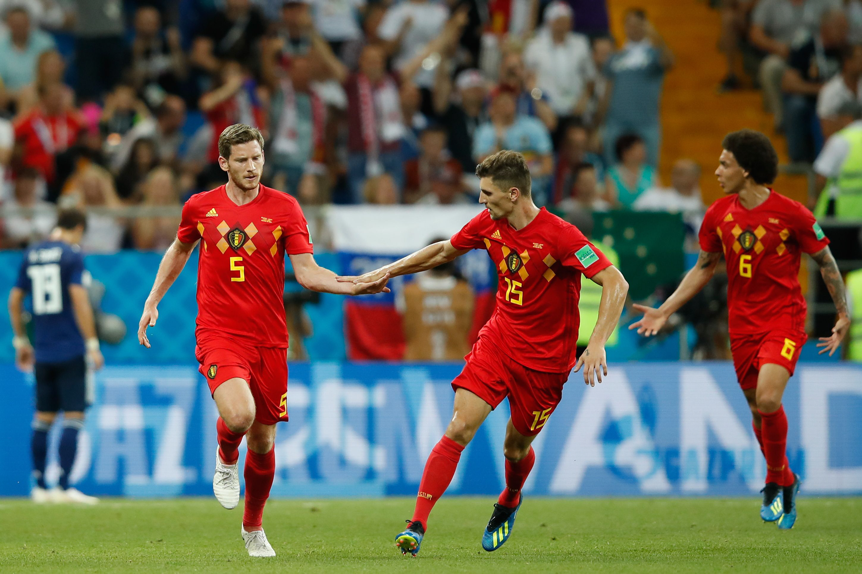 belgium 039 s defender jan vertonghen l celebrates with belgium 039 s defender thomas meunier c after scoring during the russia 2018 world cup round of 16 football match between belgium and japan at the rostov arena in rostov on don on july 2 2018 photo afp