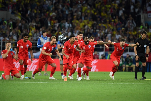 england 039 s players celebrate winning the penalty shootout at the end of the russia 2018 world cup round of 16 football match between colombia and england at the spartak stadium in moscow on july 3 2018 photo afp