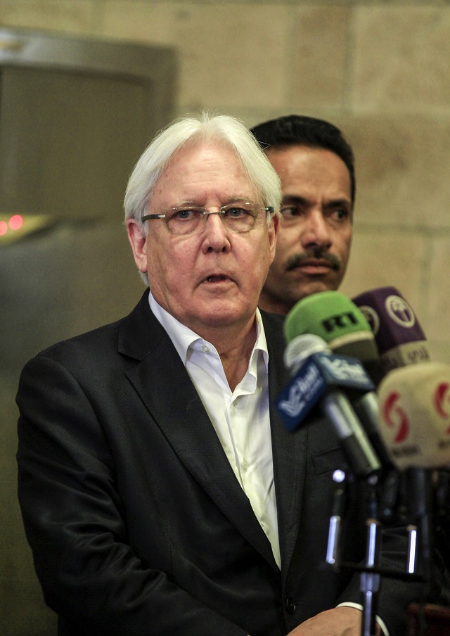 martin griffiths the un special envoy for yemen speaks during a press conference in the yemeni capital sanaa 039 s international airport prior to his departure on july 4 2018 photo afp