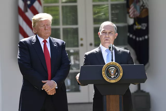 the head of the environmental protection agency scott pruitt speaks after us president donald trump announced his decision to withdraw the us from the paris climate accords in the rose garden of the white house in washington dc on june 1st 2017 photo afp