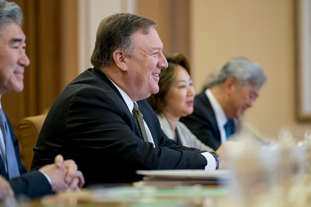 us secretary of state mike pompeo speaks at a meeting with kim yong chol a north korean senior ruling party official and former intelligence chief photo afp