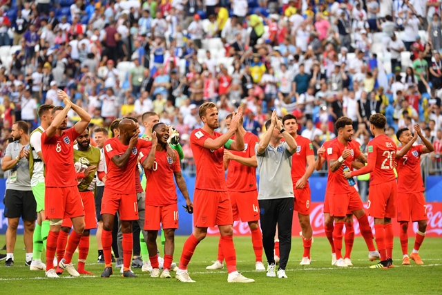 england 039 s players celebrate at the end of the russia 2018 world cup quarter final football match between sweden and england at the samara arena in samara on july 7 2018 photo afp