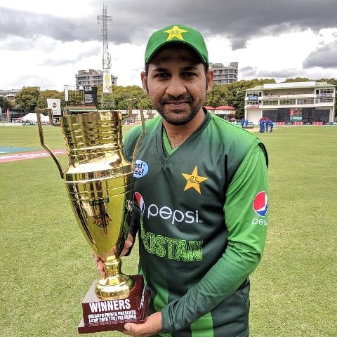 sarfraz ahmed poses with the trophy after tri series win photo courtesy pcb