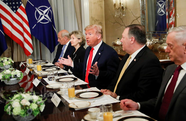 us president donald trump gestures as he and u s secretary of defence james mattis us secretary of state mike pompeo attend a bilateral breakfast with nato secretary general jens stoltenberg ahead of the nato summit in brussels belgium july 11 2018 photo reuters us president donald trump gestures as he and u s secretary of defence james mattis us secretary of state mike pompeo attend a bilateral breakfast with nato secretary general jens stoltenberg ahead of the nato summit in brussels belgium july 11 2018 photo reuters