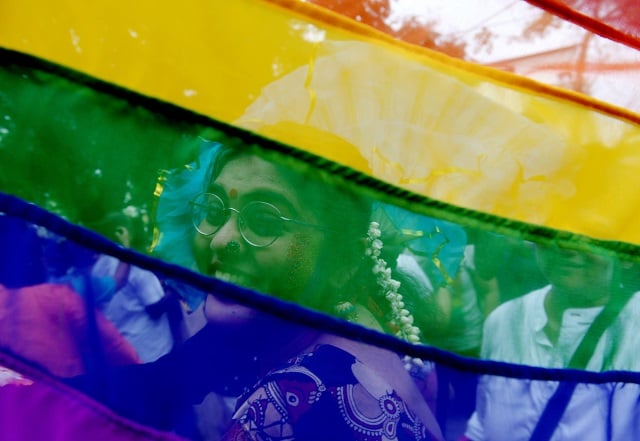 in this file photo taken on june 24 2018 an indian supporter of the lesbian gay bisexual transgender lgbt community takes part in a pride parade in chennai photo afp