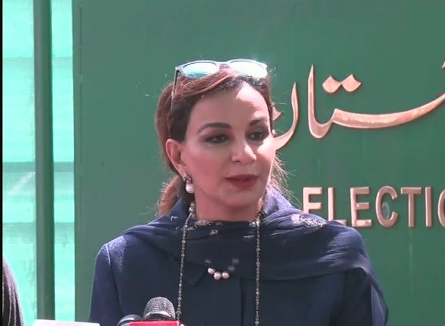 opposition leader in senate sherry rehman speaks to the media outside ecp photo express