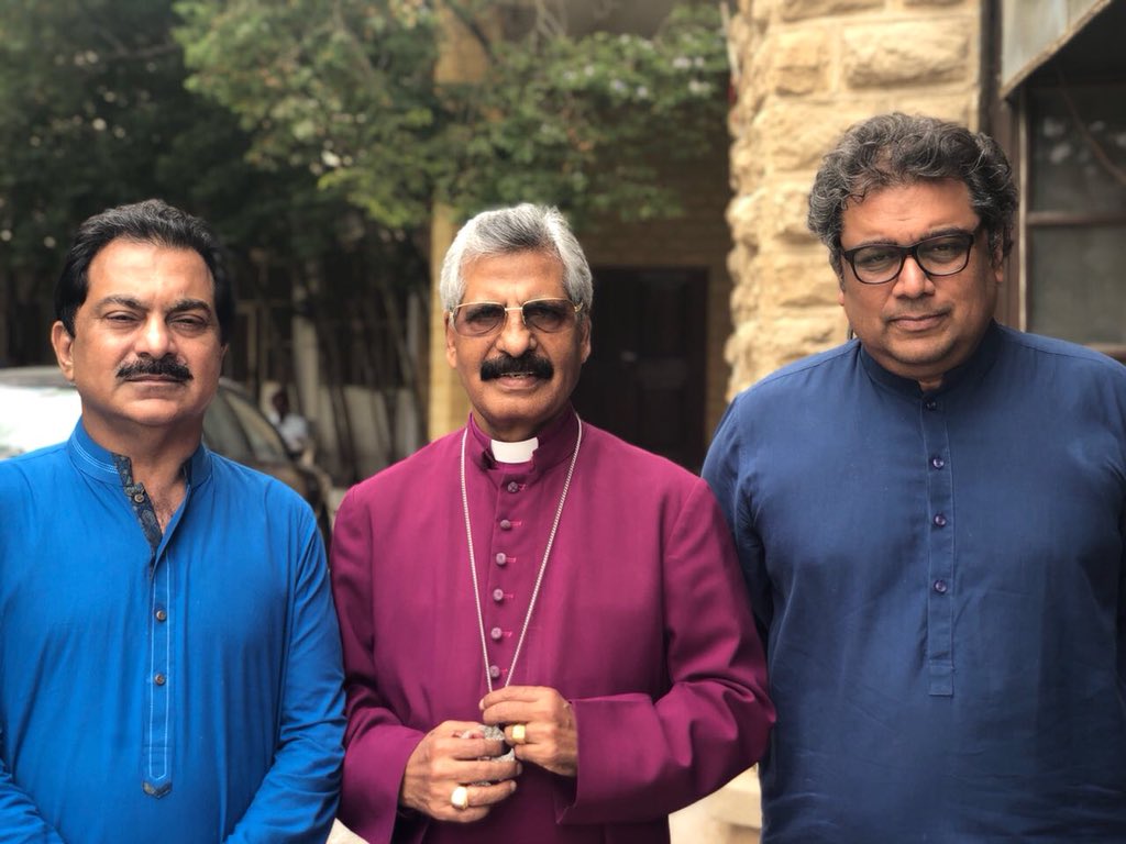 pti candidates ali zaidi and mansoor sheikh with bishop sadiq daniel photo twitter