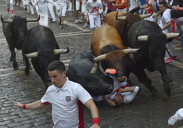 miura fighting bulls fall over a runner during the last bullrun of the san fermin festival in pamplona northern spain on july 14 2018 photo afp