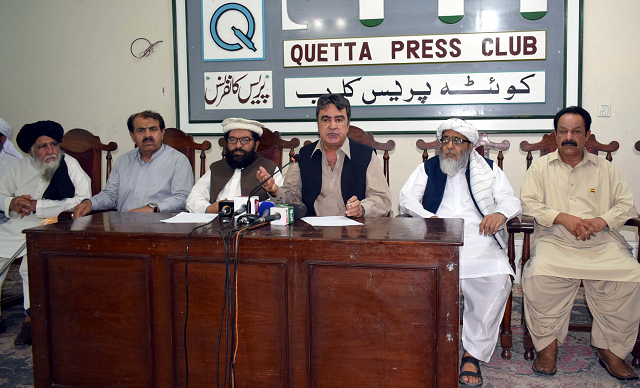 bnp m leader jahanzaib jamaldini along with jui f 039 s malik sikandar advocate and others during a joint news conference at the quetta press conference photo express