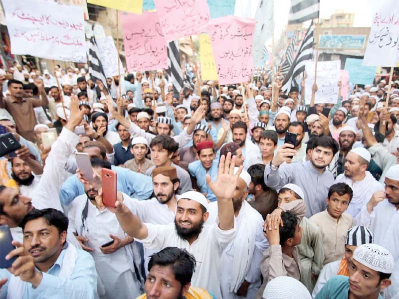 mma supporters protest in namakmandi area of peshawar on friday against general election results photo ppi