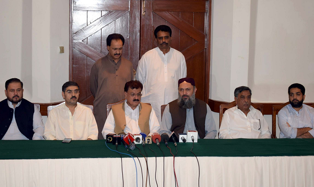 bap president jam kamal and bnp a svp syed ehsan shah address a joint press conference at a local hotel in quetta bap founder saeed ahmed hashmi can be seen sitting beside kamal photo express