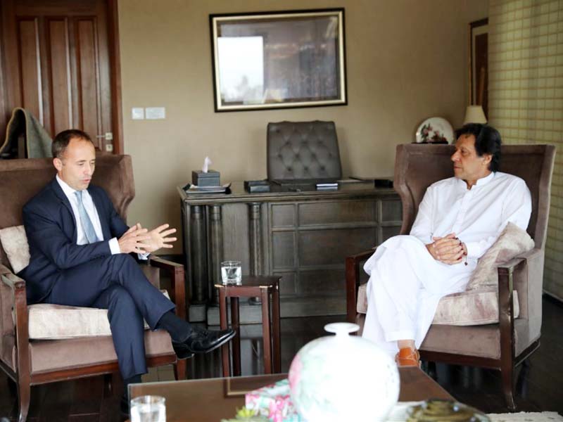 british high commissioner thomas drew felicitates imran khan on his election victory photo courtesy pti media cell