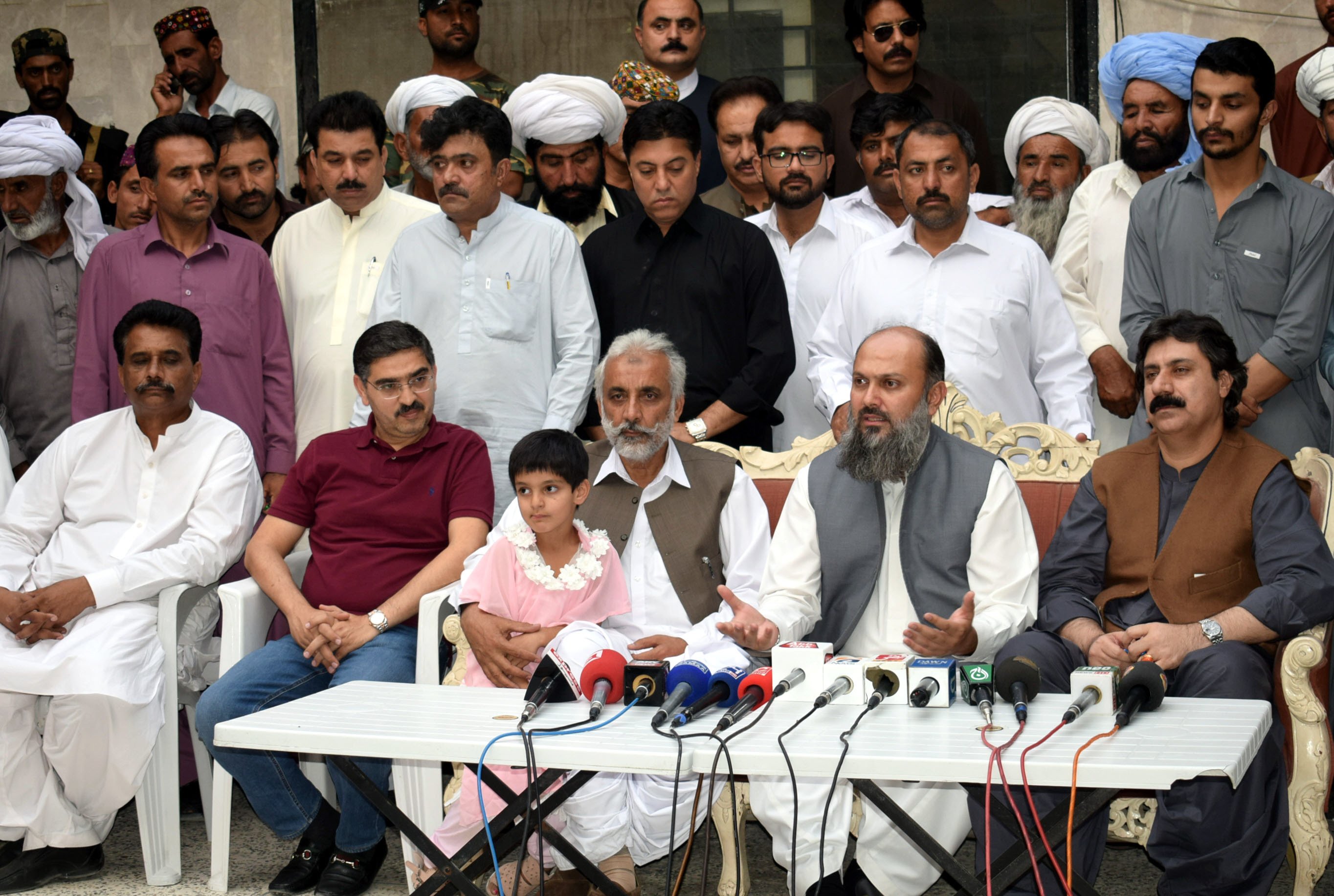 bap president jam kamal is addressing a press conference in quetta newly elected mpa abdul rehman kehtran is sitting beside him photo express